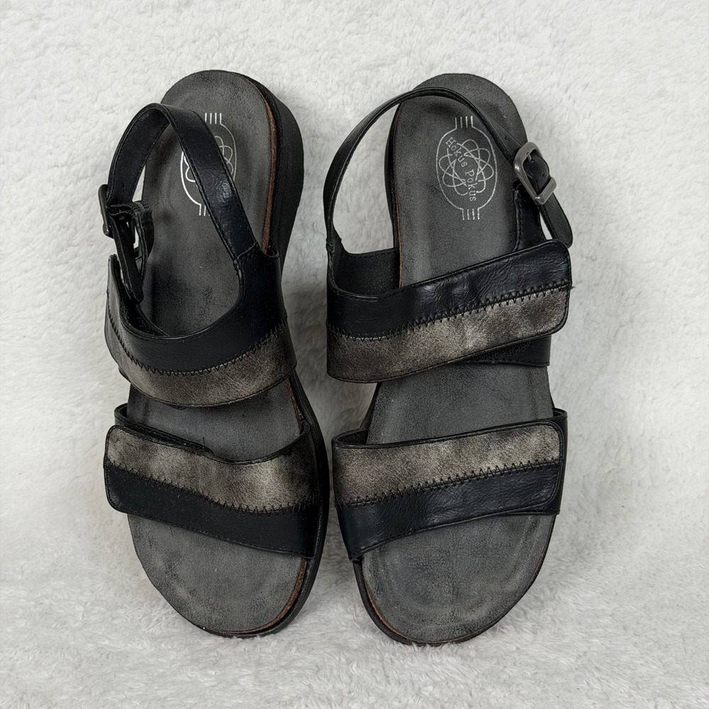 Hokus Pokus Atom Sandals Womens 8 Black Pewter Platform Slingback Hook Loop